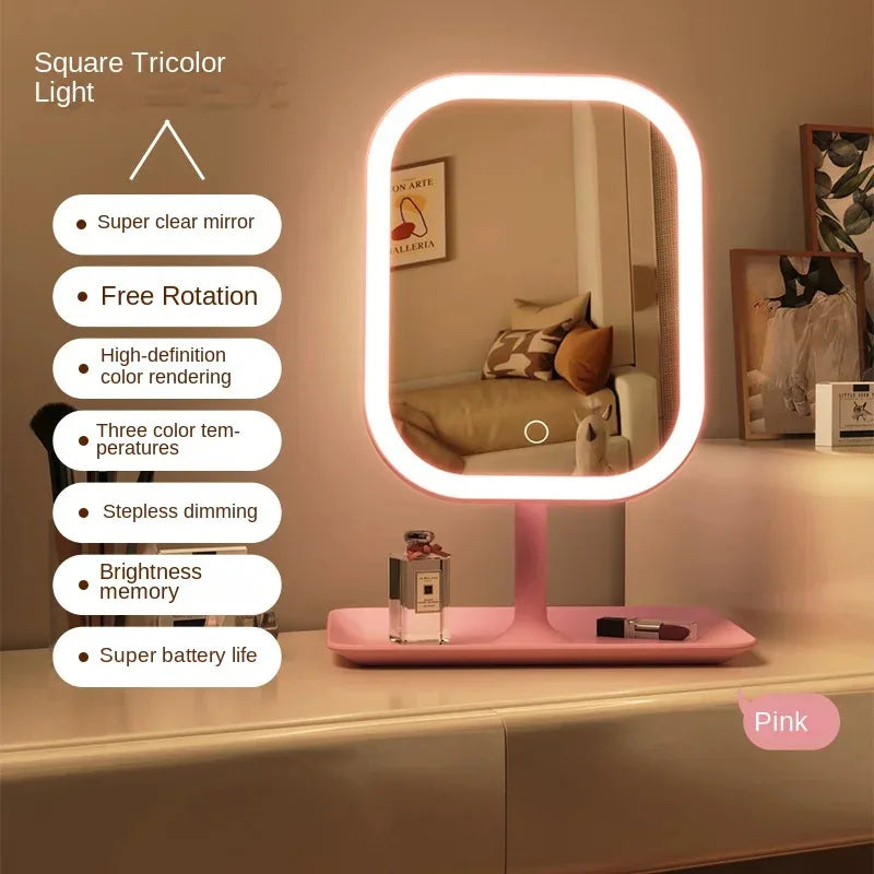 “Modern LED Vanity Mirror – 3-Color Touch Makeup Mirror for Bedroom & Dressing Table