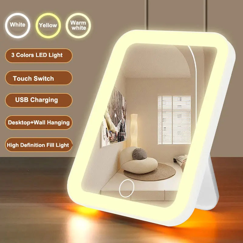 3-Color LED Vanity Mirror – Touchscreen, USB Rechargeable & Dimmable Makeup Mirror