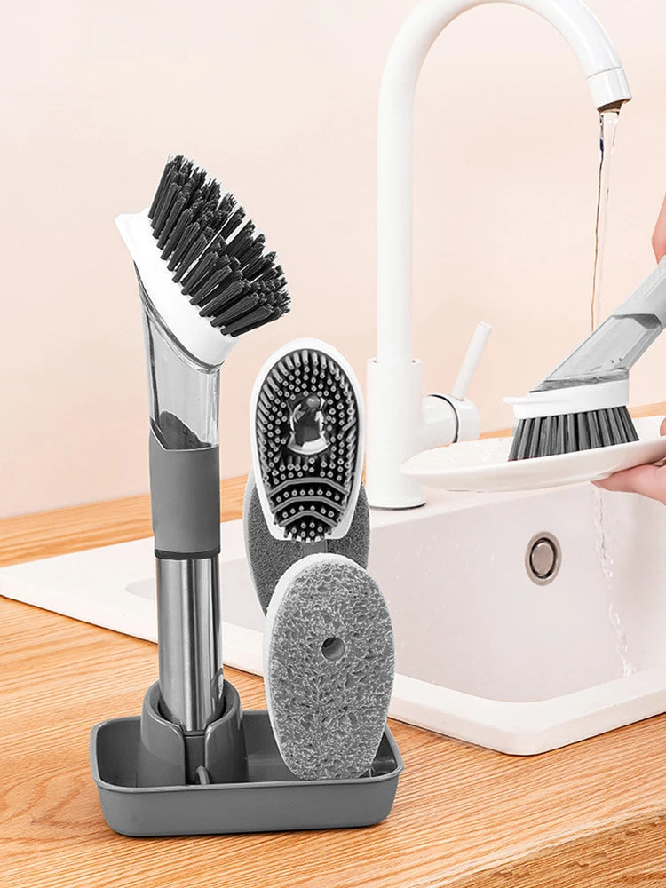 Kitchen Gadgets Automatic Liquid Dispenser Long Handle Dishwashing Brush Kitchen Cleaning Brush Removable Sponge Brush 3 In 1