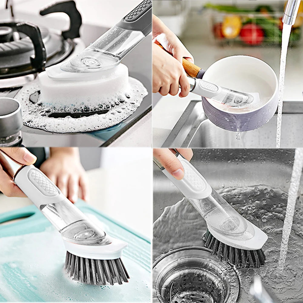 Kitchen Gadgets Automatic Liquid Dispenser Long Handle Dishwashing Brush Kitchen Cleaning Brush Removable Sponge Brush 3 In 1