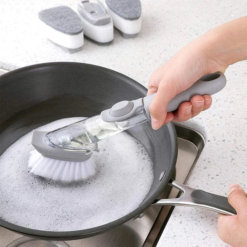 Kitchen Long Handle Brush with Soap Dispenser Nonstick Automatic Liquid Dishwashing Pot Cleaning Brush Stain Removal Tool
