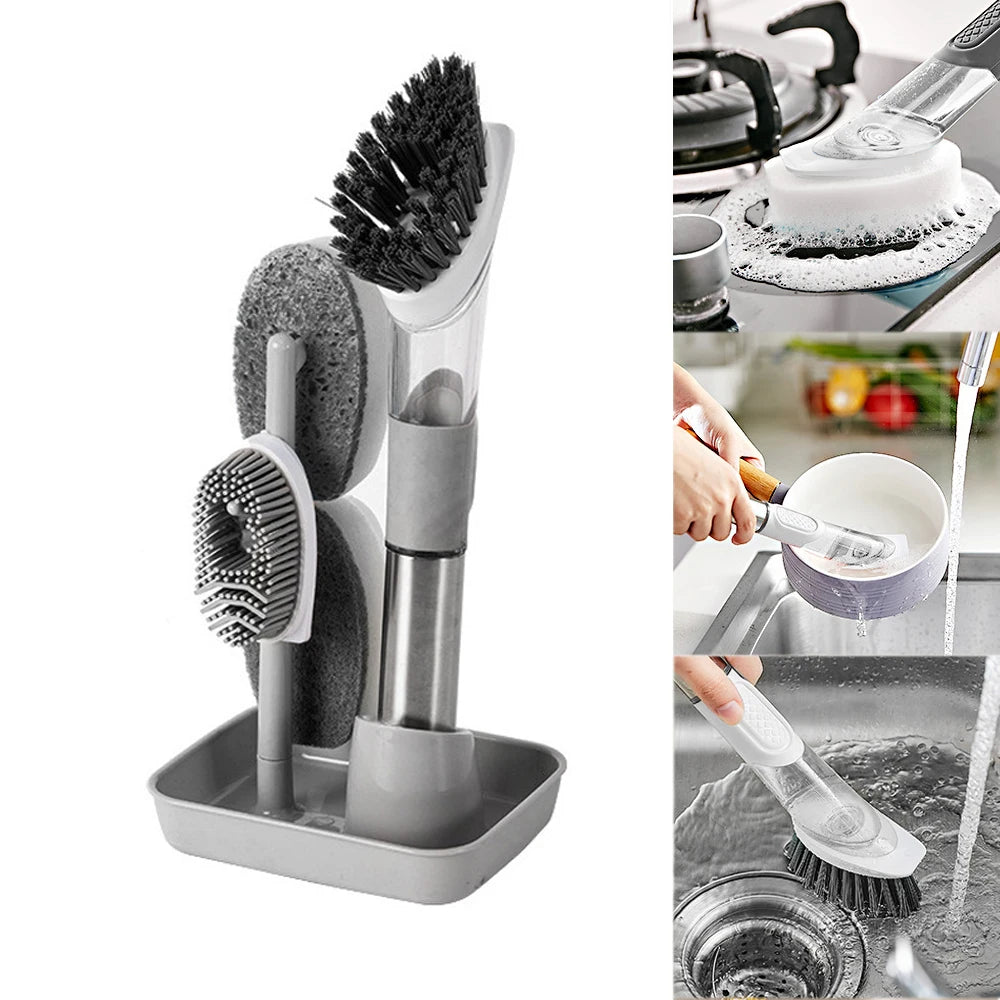 Kitchen Gadgets Automatic Liquid Dispenser Long Handle Dishwashing Brush Kitchen Cleaning Brush Removable Sponge Brush 3 In 1
