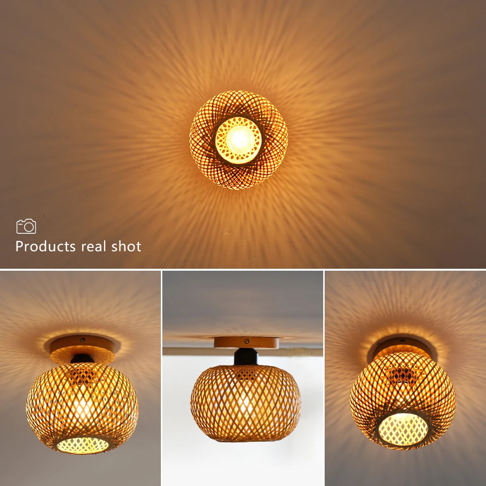 Retro Bamboo Woven Ceiling Lamp Aisle Restaurant Living Room Dining Room E27 Woven Lamps Home Decorative Fixtures Ceiling Light