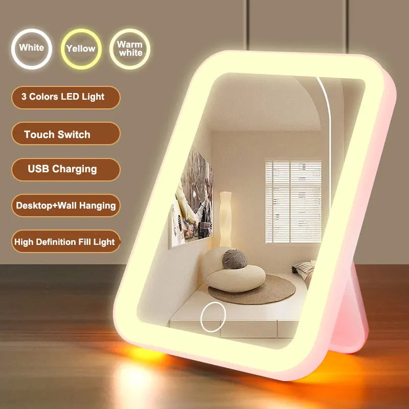 3-Color LED Vanity Mirror – Touchscreen, USB Rechargeable & Dimmable Makeup Mirror