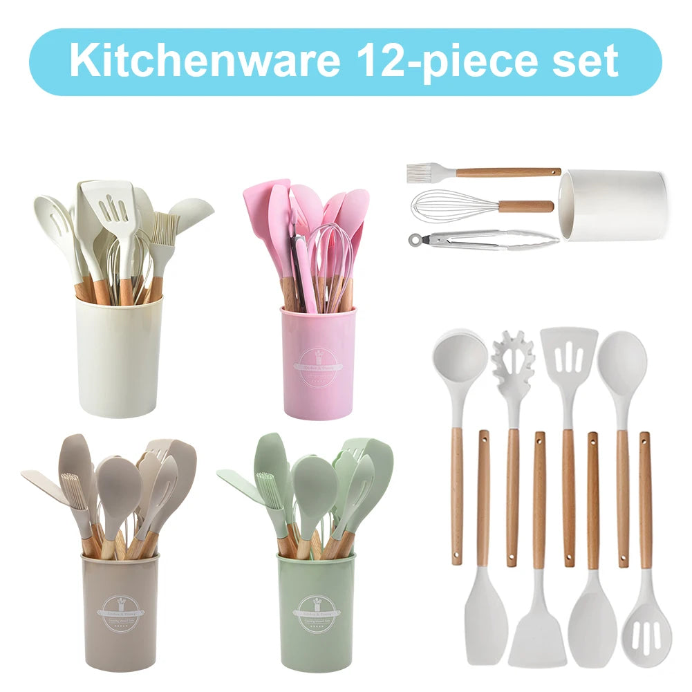 12Pcs Kitchen Utensil Set Silicone Spatula Set Wooden Handle Heat-Resistant Cookware Spatula Spoon Brush Whisk for Home Kitchen