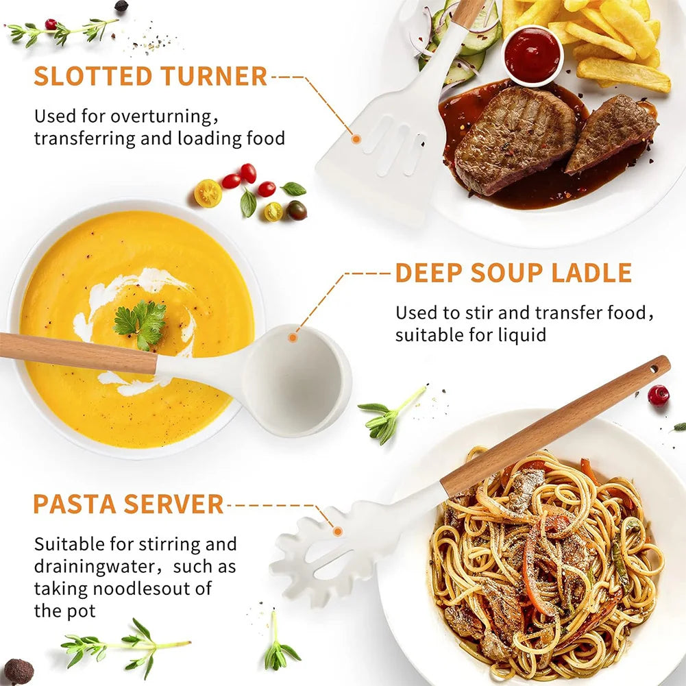 12Pcs Kitchen Utensil Set Silicone Spatula Set Wooden Handle Heat-Resistant Cookware Spatula Spoon Brush Whisk for Home Kitchen