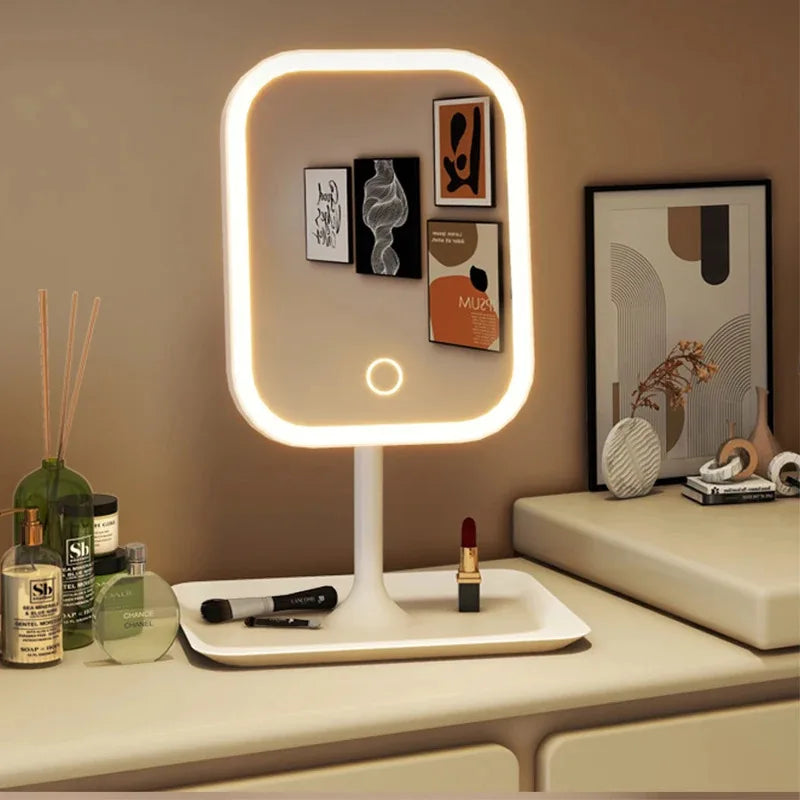 “Modern LED Vanity Mirror – 3-Color Touch Makeup Mirror for Bedroom & Dressing Table