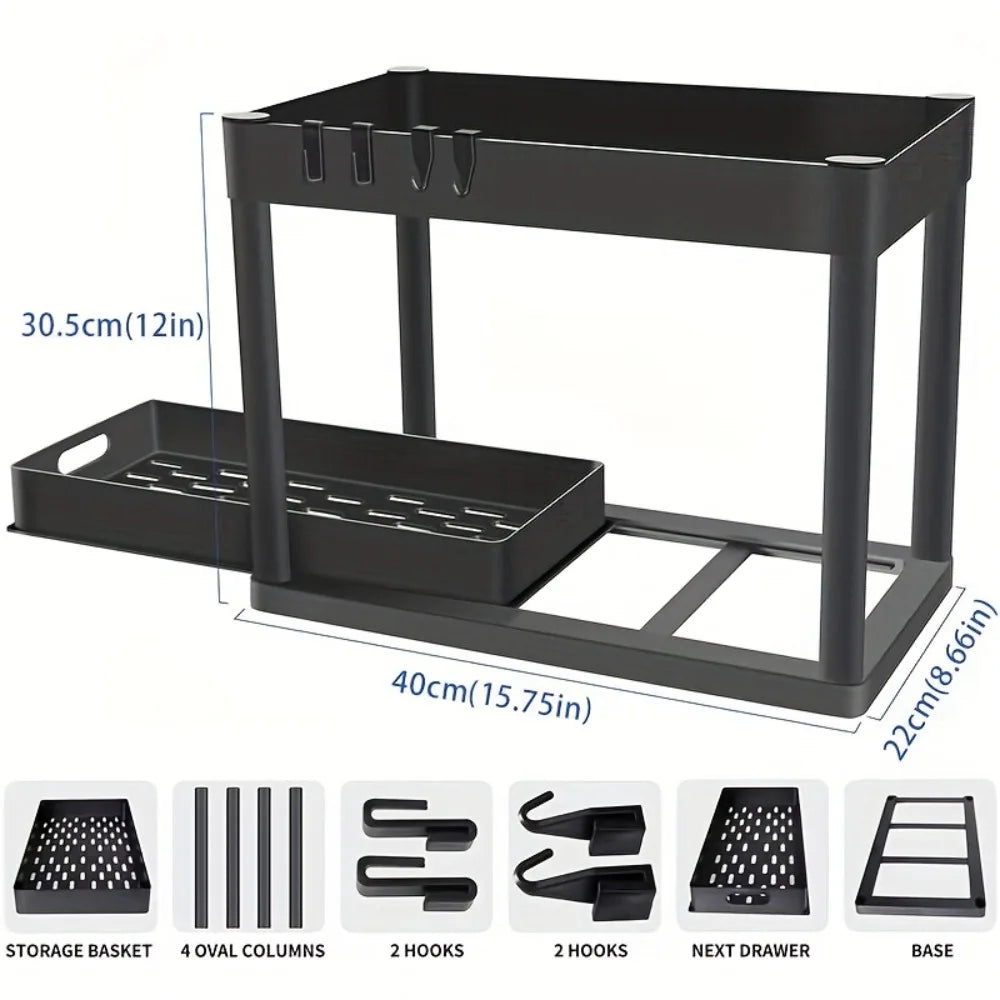 2-Tier Sliding Under Sink Organizer Multifunctional Space-Saving Bathroom Cabinet Basket Storage Drawer Under Cabinet Box