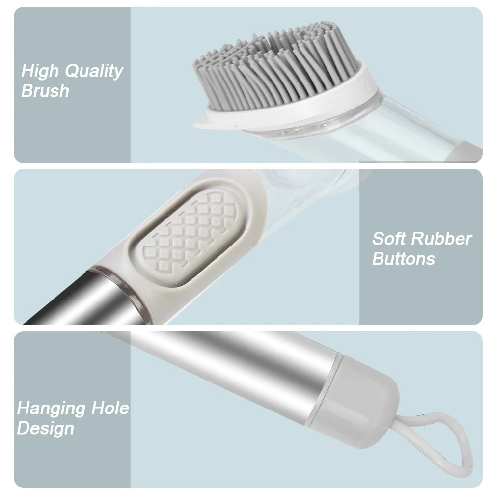 Kitchen Gadgets Automatic Liquid Dispenser Long Handle Dishwashing Brush Kitchen Cleaning Brush Removable Sponge Brush 3 In 1