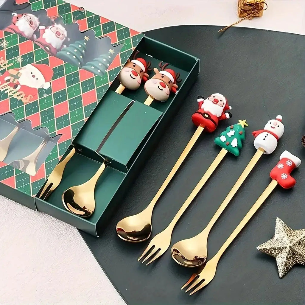(2/4/6PCS) Christmas Spoon & Fork Set – Stainless Steel Holiday Tableware Gift