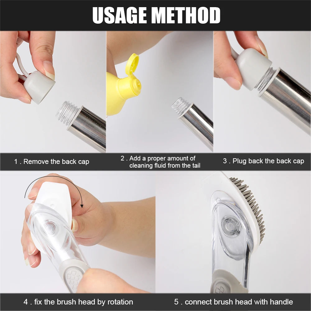 Kitchen Gadgets Automatic Liquid Dispenser Long Handle Dishwashing Brush Kitchen Cleaning Brush Removable Sponge Brush 3 In 1