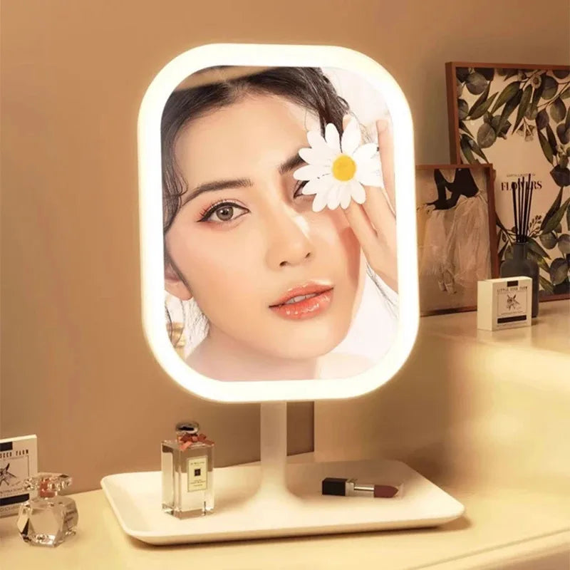 “Modern LED Vanity Mirror – 3-Color Touch Makeup Mirror for Bedroom & Dressing Table