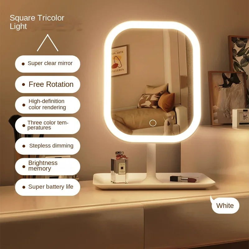 “Modern LED Vanity Mirror – 3-Color Touch Makeup Mirror for Bedroom & Dressing Table