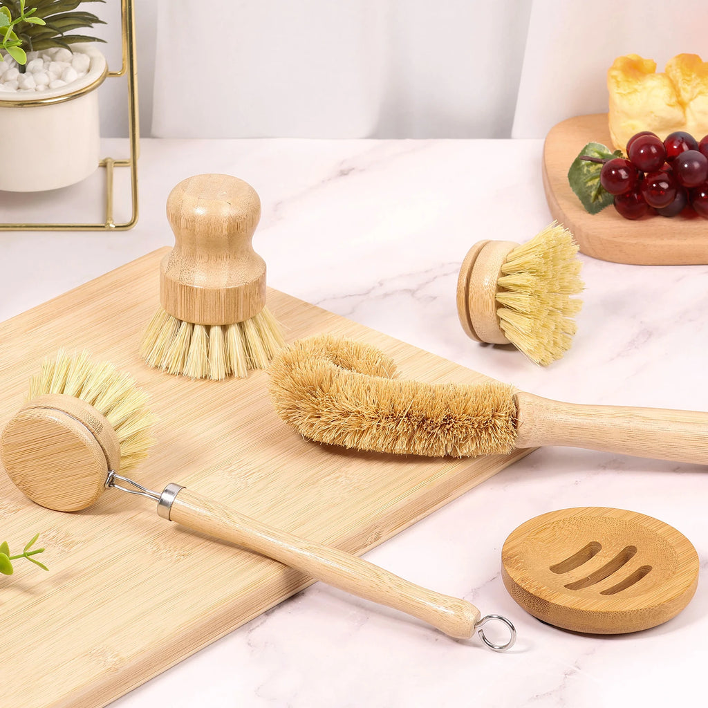 4/5Pcs Bamboo Dish Brush Set Pot Cleaning Brush Long Handle Kitchen Dishes Scrubber Strong Decontamination Rust Removal Utensils
