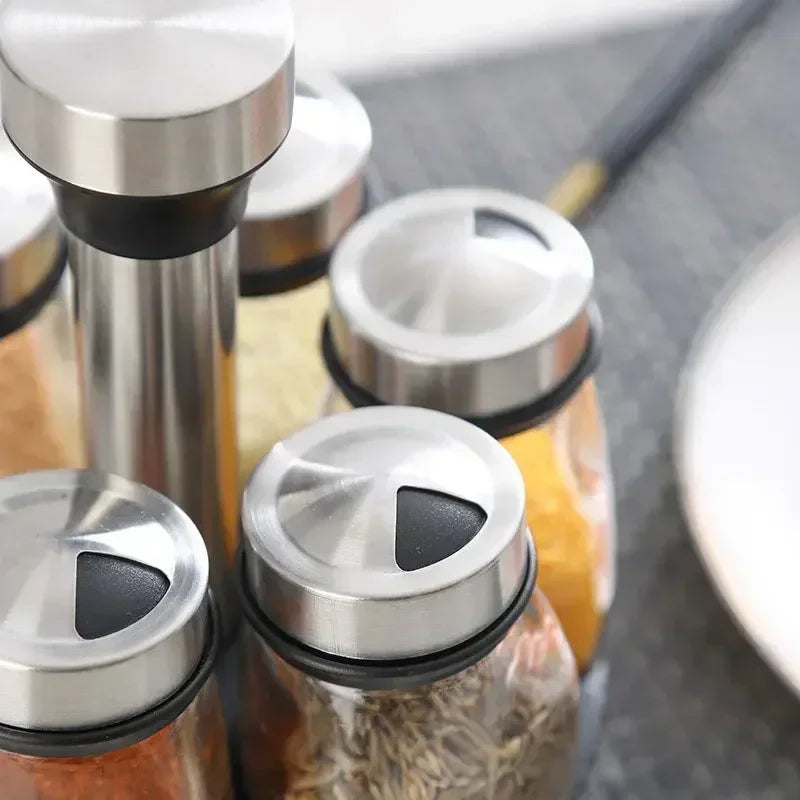 Glass Spice Jar Set with Rack – Elegant Seasoning Bottles for Kitchen Organization