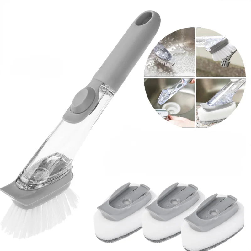 Kitchen Long Handle Brush with Soap Dispenser Nonstick Automatic Liquid Dishwashing Pot Cleaning Brush Stain Removal Tool