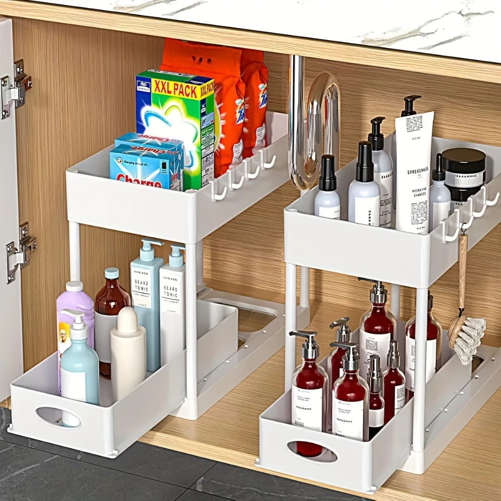 2-Tier Sliding Under Sink Organizer Multifunctional Space-Saving Bathroom Cabinet Basket Storage Drawer Under Cabinet Box