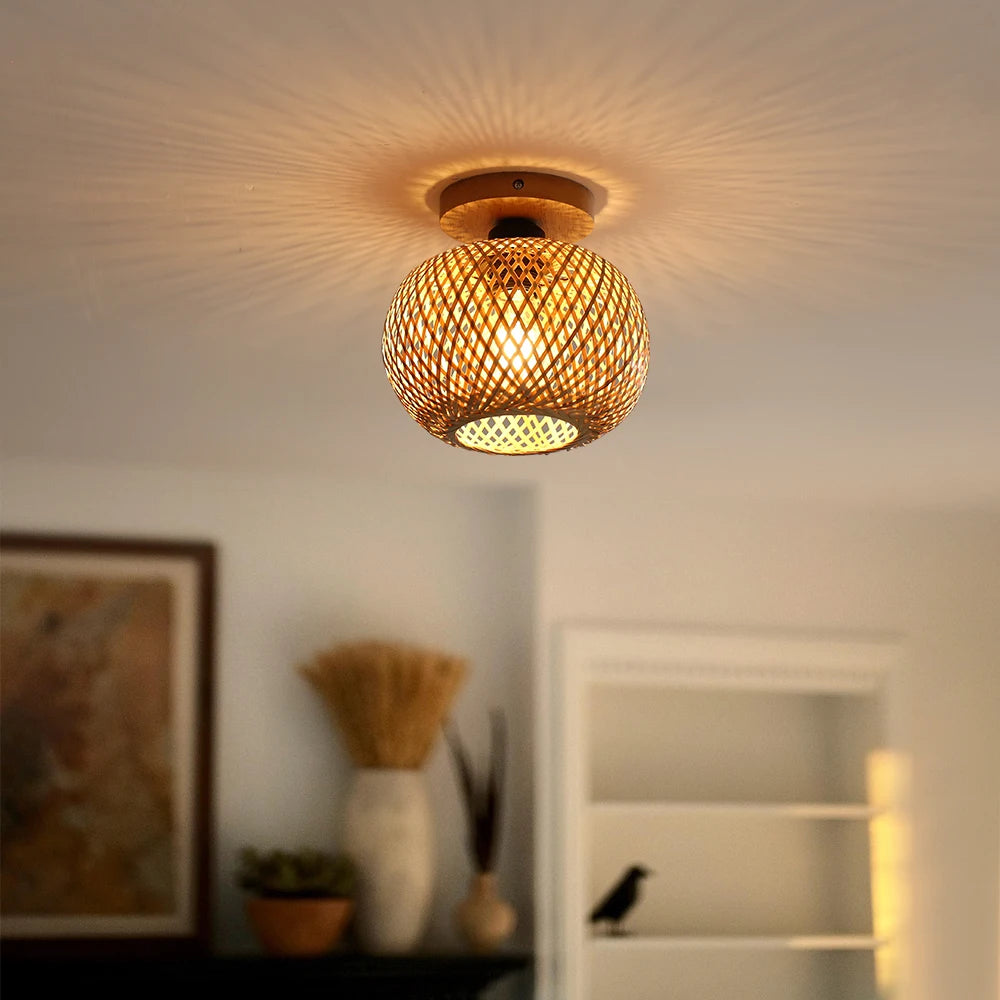 Retro Bamboo Woven Ceiling Lamp Aisle Restaurant Living Room Dining Room E27 Woven Lamps Home Decorative Fixtures Ceiling Light
