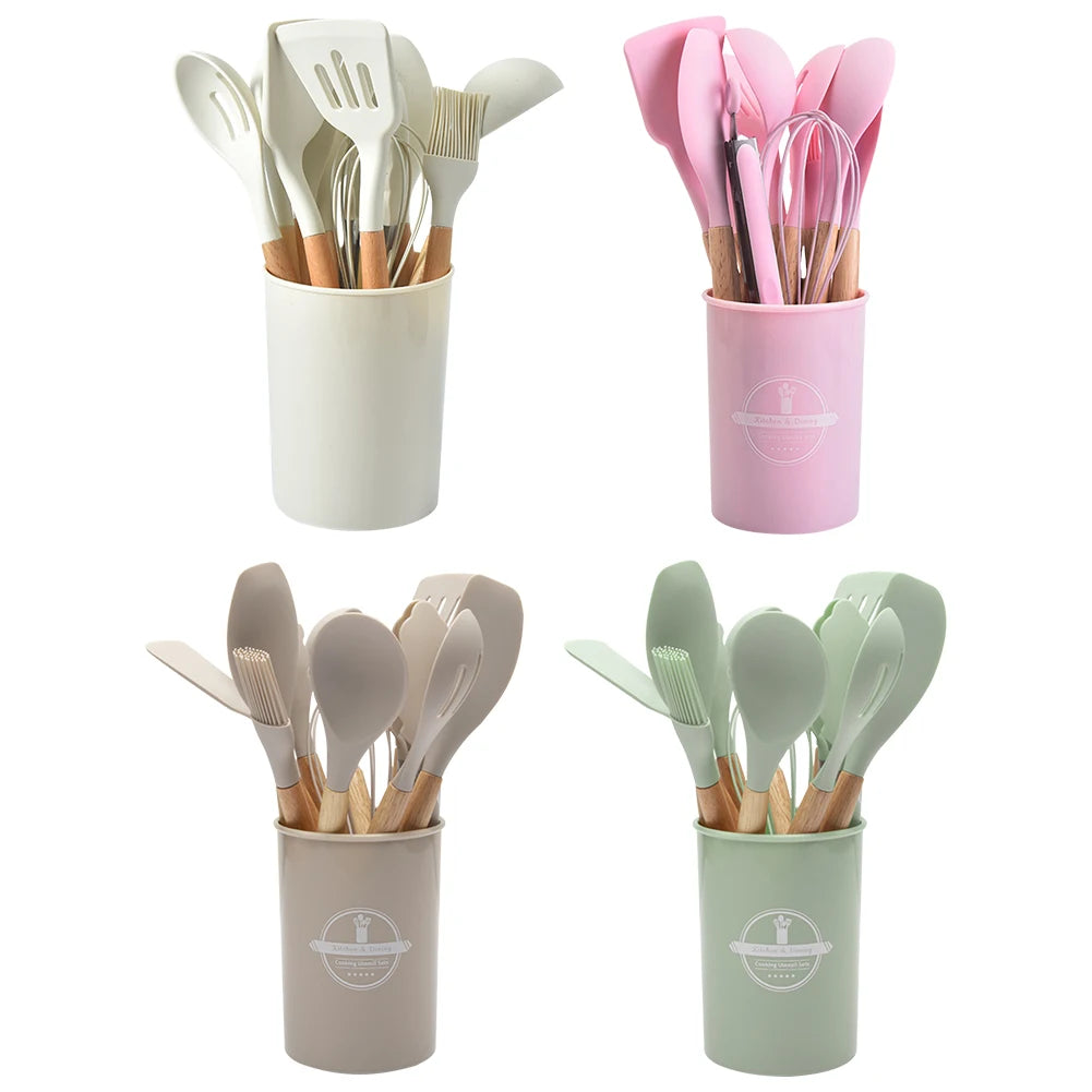 12Pcs Kitchen Utensil Set Silicone Spatula Set Wooden Handle Heat-Resistant Cookware Spatula Spoon Brush Whisk for Home Kitchen